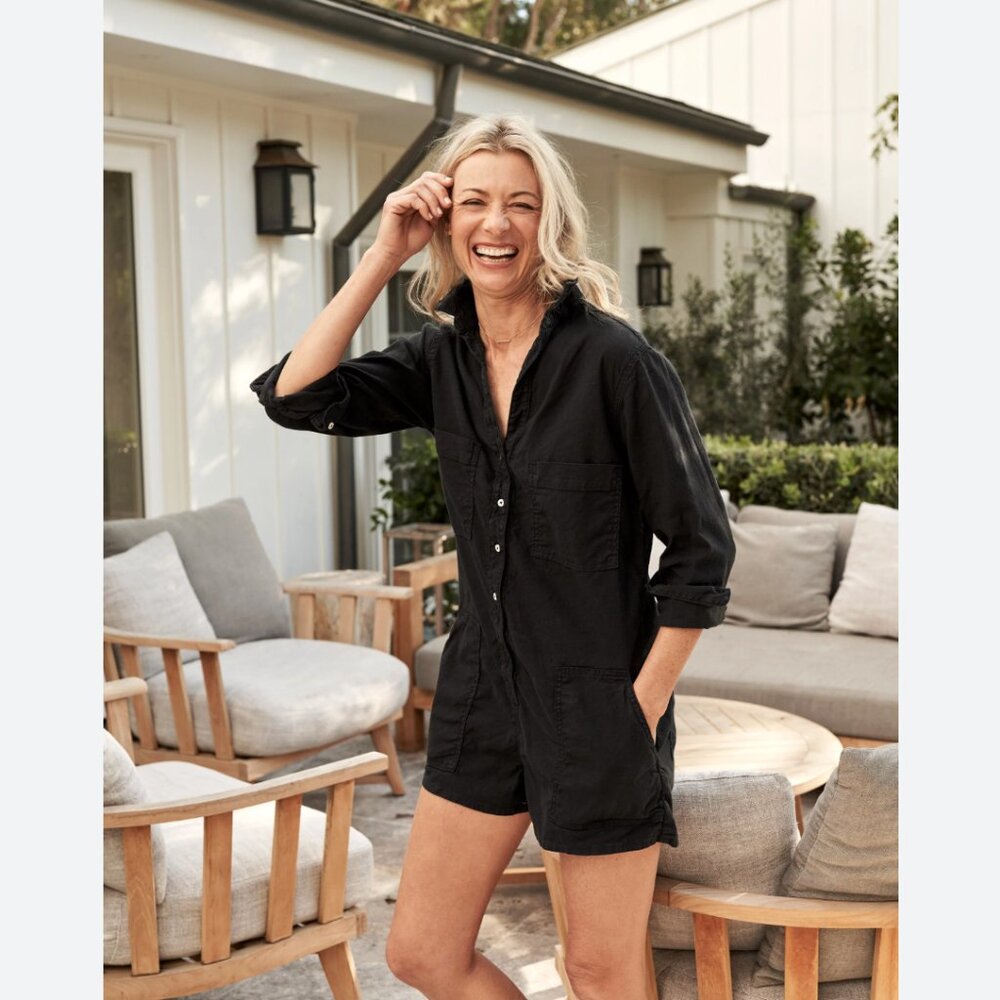Frank & Eileen Ireland Cotton & Linen Romper Long-Sleeve Playsuit Size: S Black